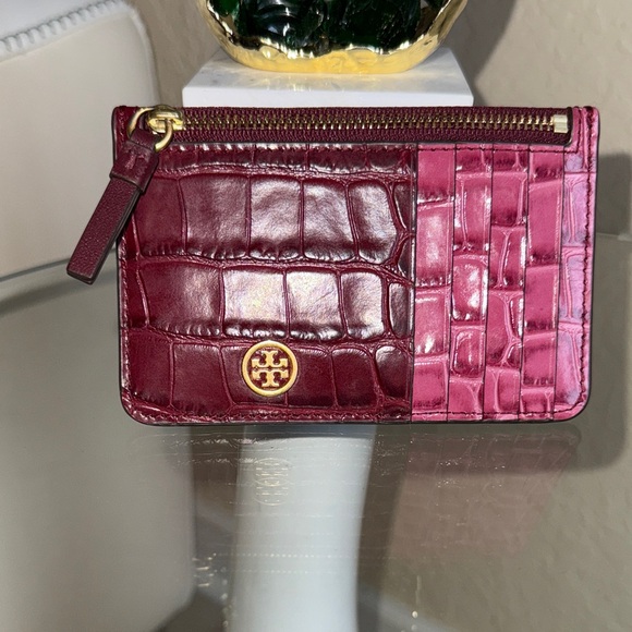 Tory Burch Burgundy and Pink Croc-Embossed Cards Holder - Picture 1 of 5